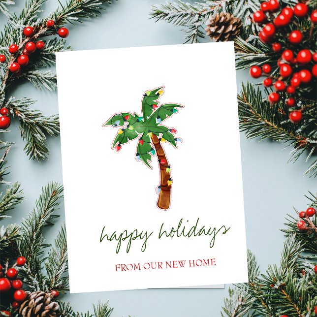We Have Moved,Christmas Palm Tree String Lights Announcement Postcard (Creator Uploaded)