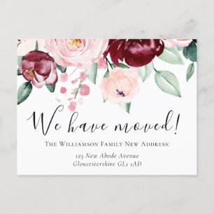 We Have Moved Elegant Burgundy and Pink Floral  Announcement Postcard