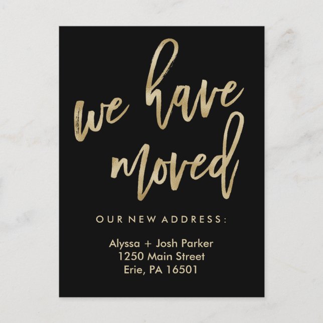 We Have Moved | Faux Gold Modern Typography Postcard (Front)