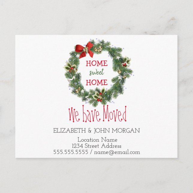 We Have Moved,Holiday Wreath,Home Sweet Home Announcement Postcard (Front)