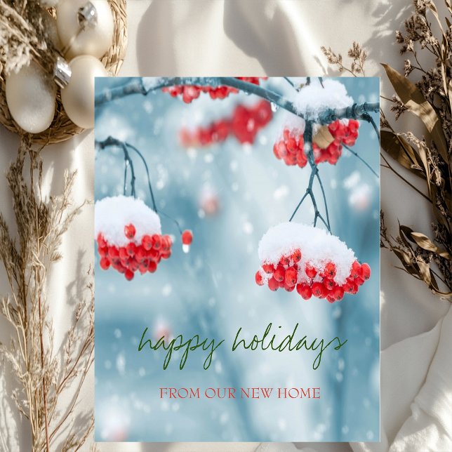 We Have Moved,Holly Berries Snow Holiday Announcement Postcard (Creator Uploaded)