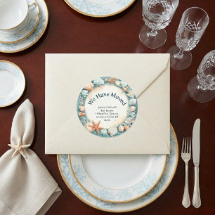 We Have Moved New Address Chic Seaside Beach House Classic Round Sticker