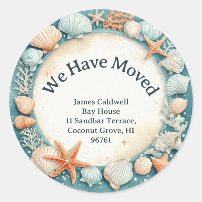 We Have Moved New Address Chic Seaside Beach House Classic Round Sticker (Front)