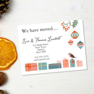 We Have Moved Nordic Christmas Baubles & Holly Holiday Postcard
