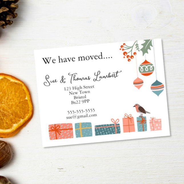 We Have Moved Nordic Christmas Baubles & Holly Holiday Postcard (Creator Uploaded)