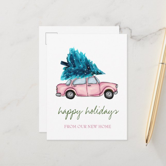 We Have Moved,Pink Car,Pine Tree Holiday  Announcement Postcard (Front/Back In Situ)
