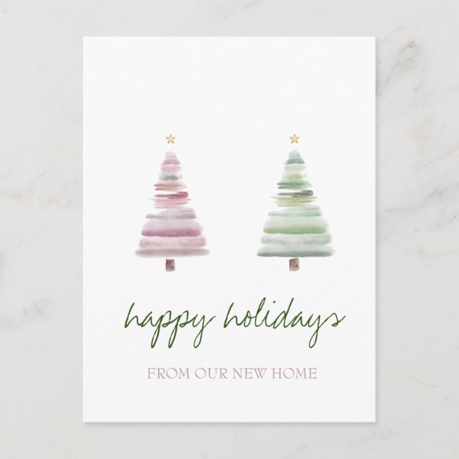 We Have Moved,Pink Green Pine Tree Holiday Announcement Postcard (Front)