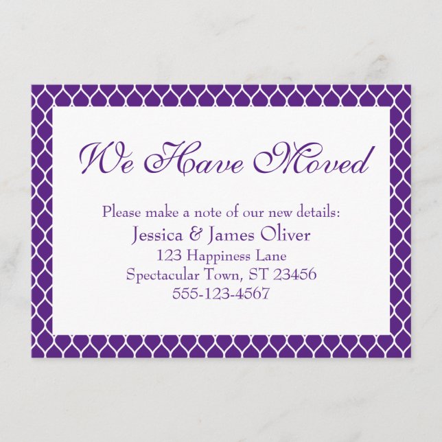 We Have Moved Preppy White Ogee Pattern on Purple Enclosure Card (Front)