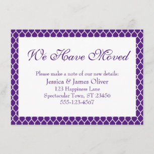 We Have Moved Preppy White Ogee Pattern on Purple Enclosure Card