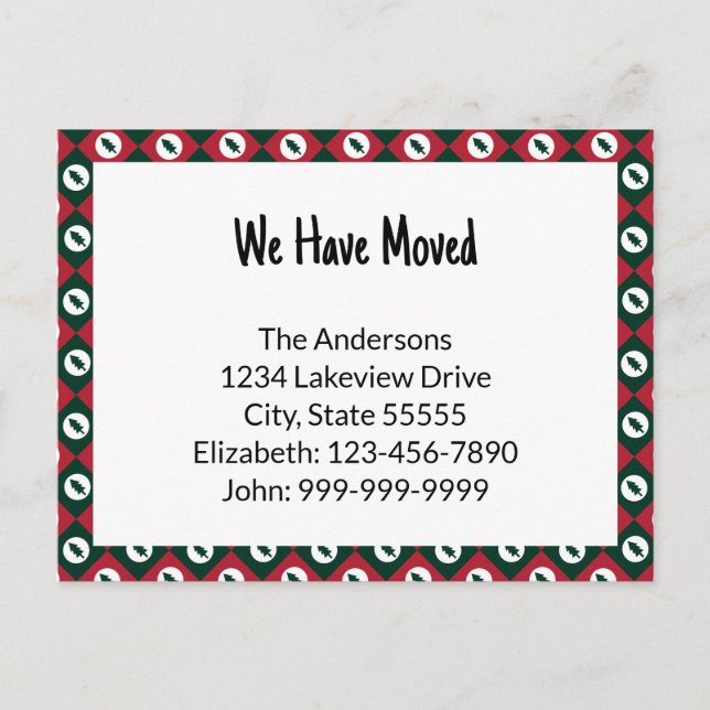 We Have Moved Red Green Christmas Trees Pattern Postcard (Front)