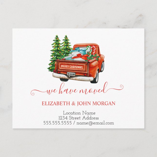We Have Moved Red Truck Pine Tree Christmas Announcement Postcard (Front)