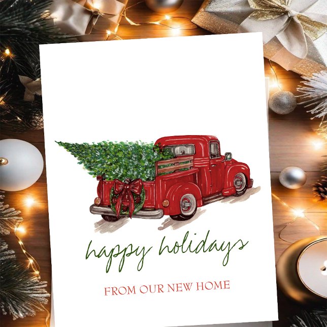 We Have Moved,Red Truck,Pine Tree Holiday Announcement Postcard (Creator Uploaded)