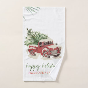 We Have Moved,Red Truck,Pine Tree Snow Holiday  Bath Towel Set