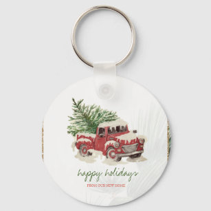 We Have Moved,Red Truck,Pine Tree Snow Holiday   Key Ring