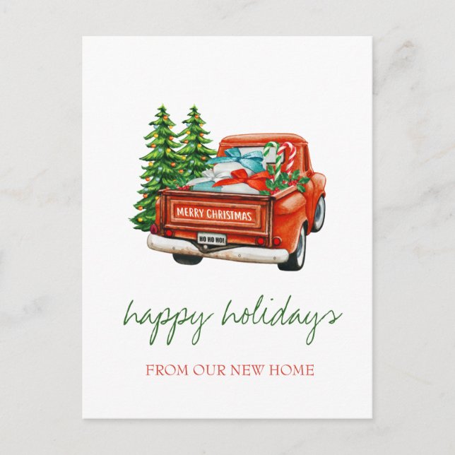 We Have Moved Red Truck Pine Trees, Holiday Announcement Postcard (Front)