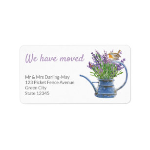 We have Moved Rustic Lavender Robin Return Address Label