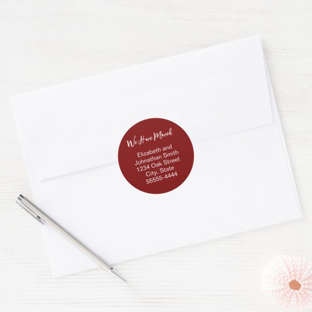 We Have Moved Script Deep Red Moving Announcement Classic Round Sticker (Envelope)
