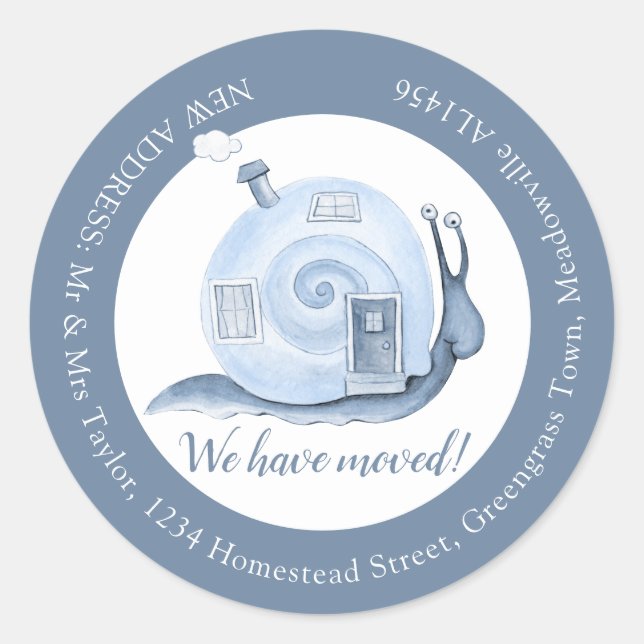 We have moved snail house blue change of address classic round sticker (Front)