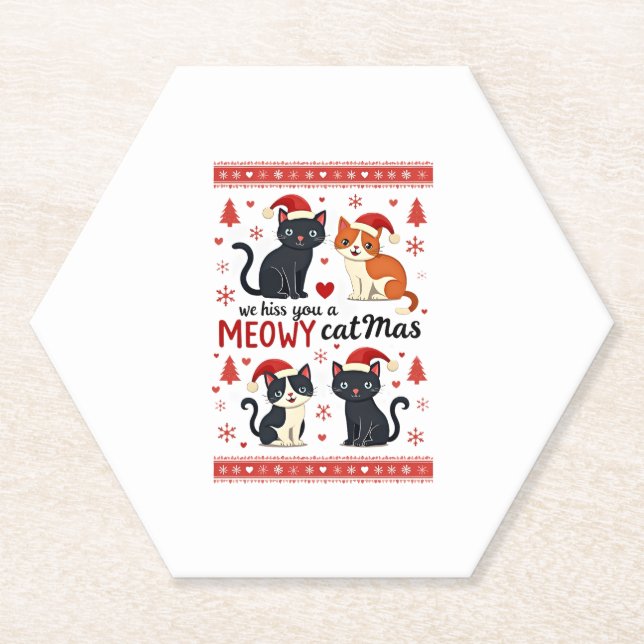 We Hiss You A Meowy Catmas Funny Cat Christmas Ugl Paper Coaster (Front)