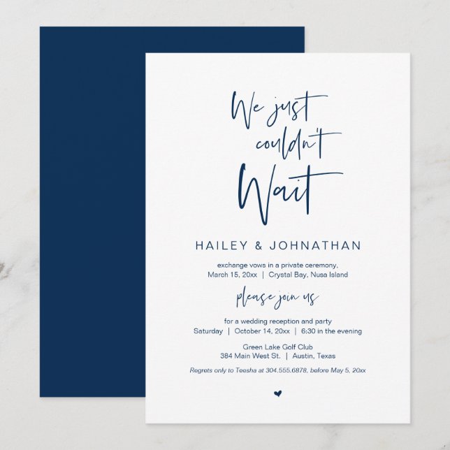 We just could not wait, Navy Blue, Elopement Party Invitation (Front/Back)