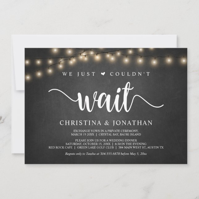 We just couldn't wait, Rustic Elopement Party Invi Invitation (Front)