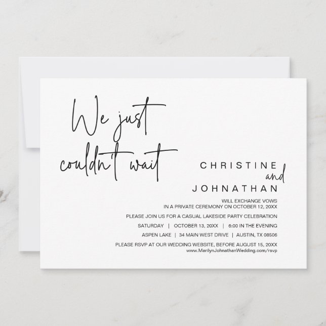 We just couldn't wait, Wedding Elopement Party Invitation (Front)