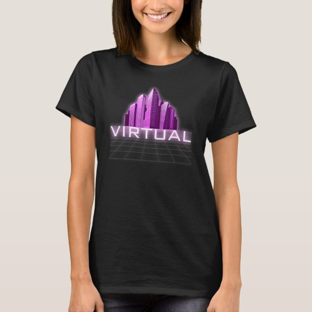 We Live In A Virtual World Retro Computer Skyline  T-Shirt (Front)
