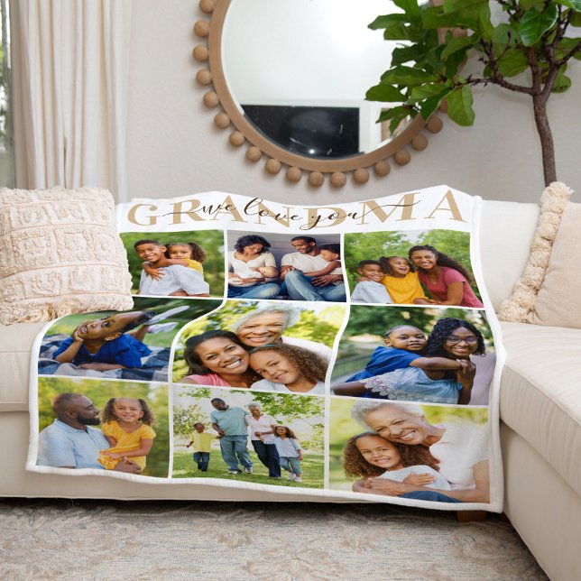We Love Grandma Brown Mothers Day Photo Collage Fleece Blanket (Creator Uploaded)
