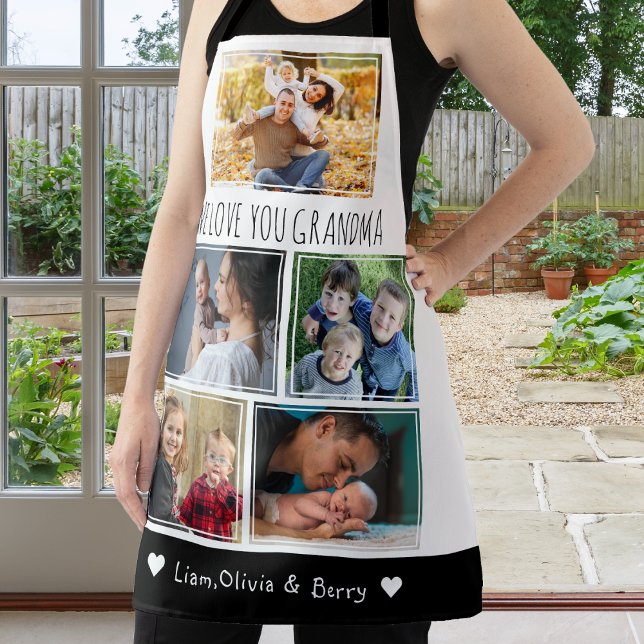 We Love Grandma Grandkids 5 Photo Black And White Apron (We Love Grandma Grandkids 5 Photo Black And White Apron)