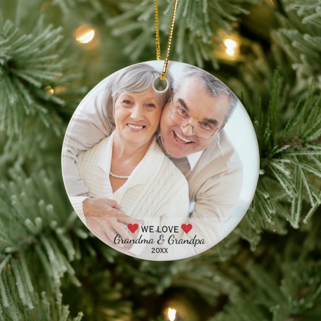 We Love Grandma & Grandpa 2 Photo Christmas Ceramic Ornament (Tree)