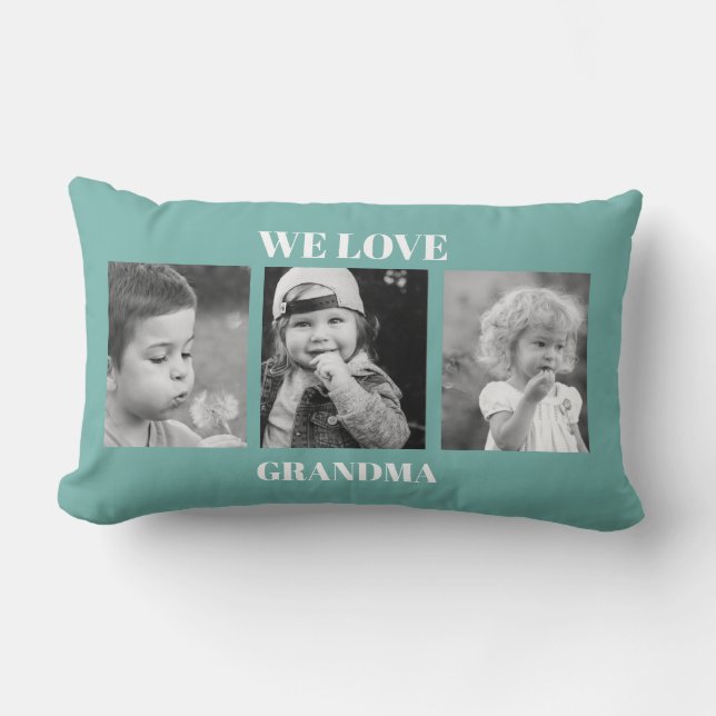 We Love Grandma Photo Collage Turquoise Lumbar Cushion (Front)