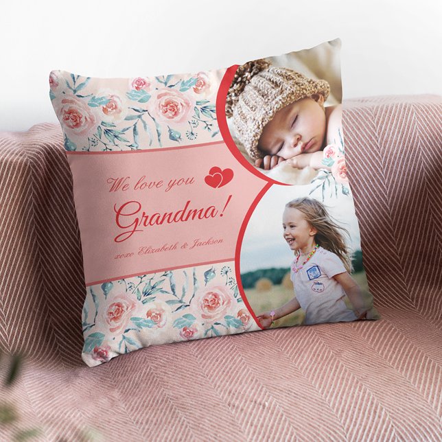 We Love Grandma Pink Floral Valentine's Day Photo Cushion (Creator Uploaded)