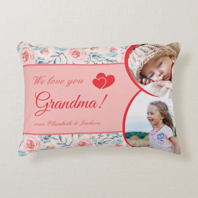 We Love Grandma Pink Floral Valentine's Day Photo Decorative Cushion (Front)