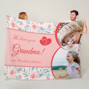We Love Grandma Pink Floral Valentine's Day Photo Fleece Blanket