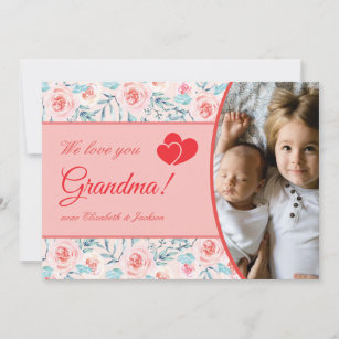 We Love Grandma Pink Floral Valentine's Day Photo Holiday Card