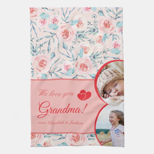 We Love Grandma Pink Floral Valentine's Day Photo Tea Towel (Vertical)