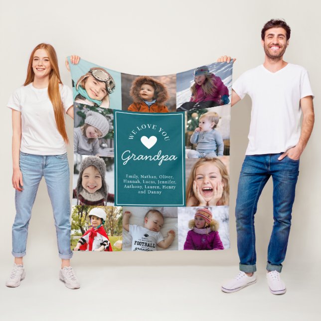 We Love Grandpa Photo Collage Handwritten Script Fleece Blanket (In Situ)
