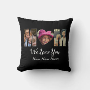 We Love Heart Mum Add Photos Names Text on Black Cushion