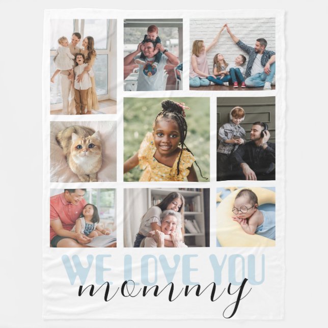 We Love Mummy Blue Mother's Day Photo Collage Fleece Blanket (Front)