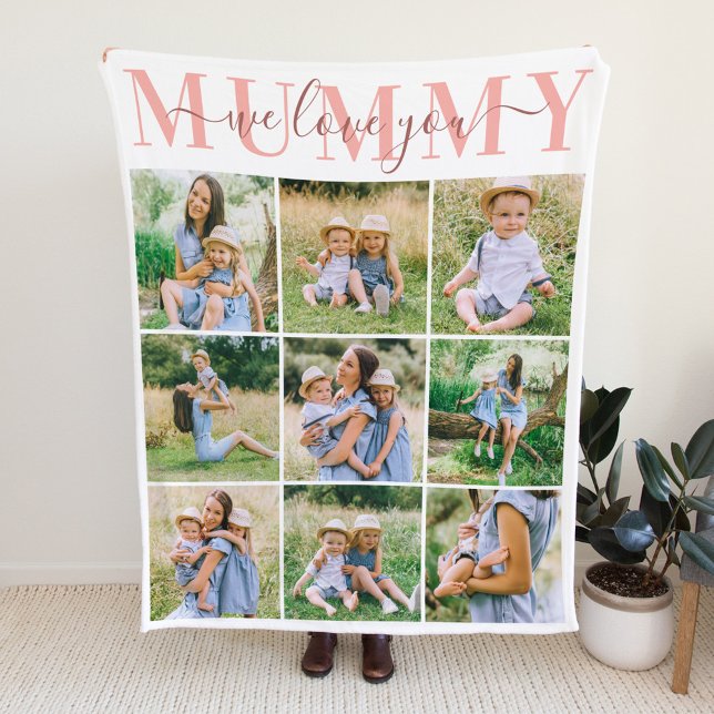 We Love Mummy Blush Mother's Day Photo Collage Fleece Blanket (Creator Uploaded)