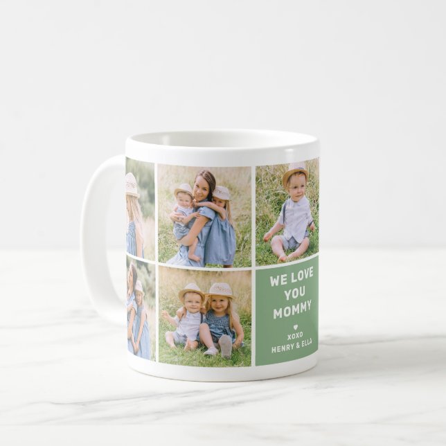 We Love Mummy Modern Green Photo Collage Coffee Mug (Front Left)