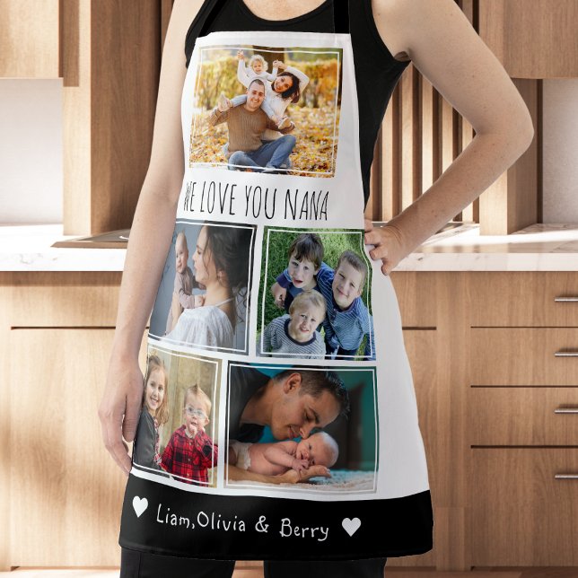 We Love Nana Grandkids 5 Photo Black And White Apron (We Love Nana Grandkids 5 Photo Black And White Apron)