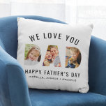 We Love You Dad Photo Fathers Day Cushion<br><div class="desc">We Love You arches above bold DAD letters filled with three personalised photos, with Happy Father's Day and customisable children's names below on a clean white background. This fun, modern photo pillow makes a memorable Father's Day gift the whole family can help create. Upload your own photos and edit the...</div>