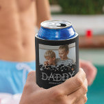 We Love You Daddy 2 Photo Can Cooler<br><div class="desc">Modern can cooler for dad featuring a 2 photos of your children,  a modern black heart design,  the saying "we love you daddy",  and the kids names.</div>