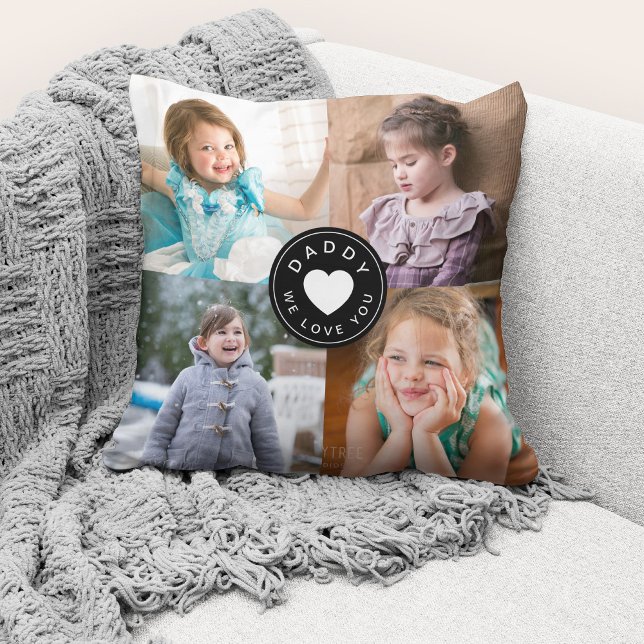 We Love You Daddy Modern Black Heart 4 Photos Cushion (Cute custom photo collage "Daddy We Love You" throw pillow.)