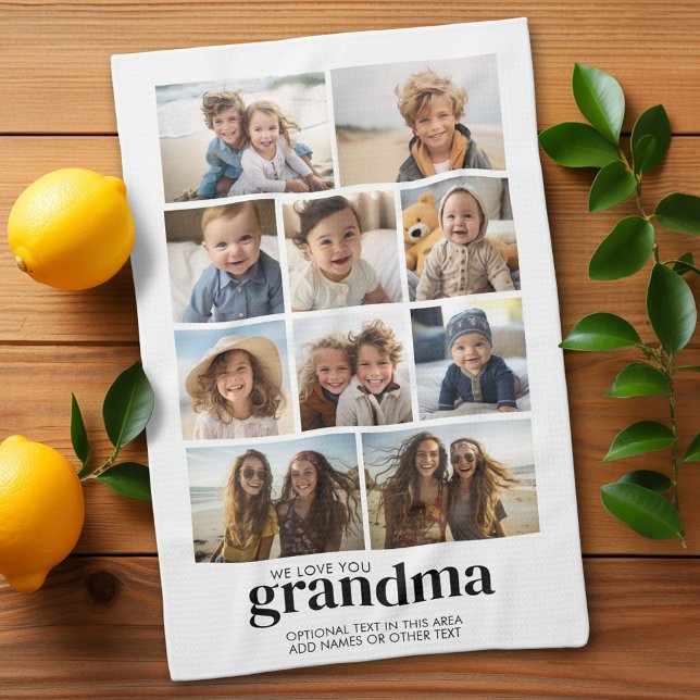 We Love You Grandma - 10 Photo Collage - Modern Tea Towel (Custom Kitchen Towel with Photo Collage)