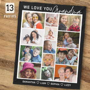 We Love You Grandma 13 Photo Collage Black Fleece Blanket