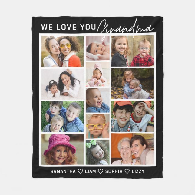 We Love You Grandma 13 Photo Collage Black Fleece Blanket (Front)