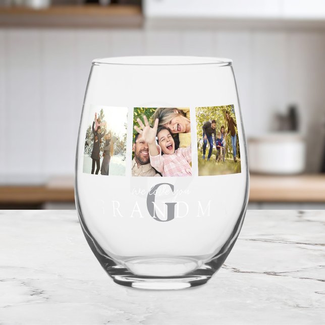 We Love You Grandma 3 Photo Personalised Monogram Stemless Wine Glass (Creator Uploaded)