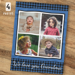 We Love You Grandma 4 Photo Collage Blue  Plaid  Fleece Blanket